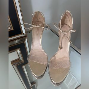 Schutz gold metallic leather and clear ankle tie sandals. Size 10.5